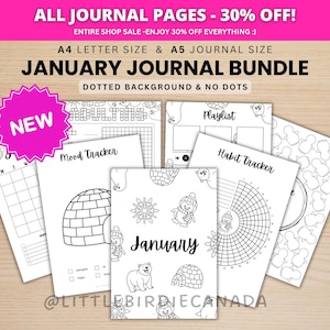 Januari-dagboekbundel - pooldieren - AFDRUKBARE dagboekpagina's - ZWART-WIT - januariplanner - januari-agenda