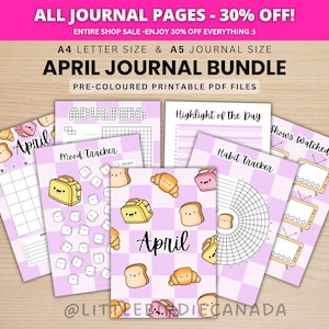 Pacote de diário de abril - Pão - Páginas de diário para impressão - Páginas pré-coloridas - Planejador de abril - Agenda de abril - Planejador para impressão