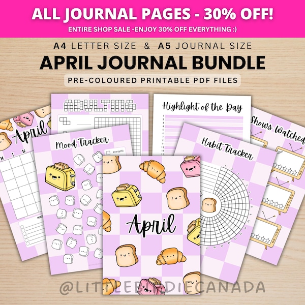 April Journal Bundle - Bread - PRINTABLE Journal Pages - PRE-COLOURED Pages - April Planner - April Agenda - Printable Planner