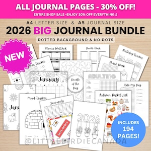 2026年版ビッグジャーナルバンドル - 印刷可能なジャーナルページ - デジタルプランナーページ - A5＆A4サイズ - 2026年ジャーナル - デジタルダウンロード - 194ページ