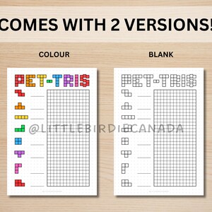 May include: Two printable versions of a "PET-TRIS" game sheet. One version has colored blocks and the other is blank. Both versions have a grid for players to fill in.