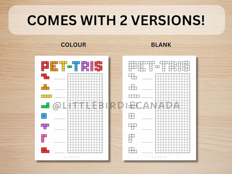 May include: Two printable versions of a "PET-TRIS" game sheet. One version has colored blocks and the other is blank. Both versions have a grid for players to fill in.