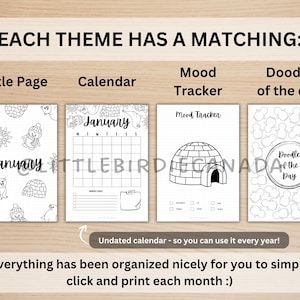 May include: A printable planner with winter-themed pages. Includes a title page, calendar, mood tracker, and doodle page. The calendar is undated, allowing for use each year. The text says "Each theme has a matching" and "Everything has been organized nicely for you to simply click and print each month :)".