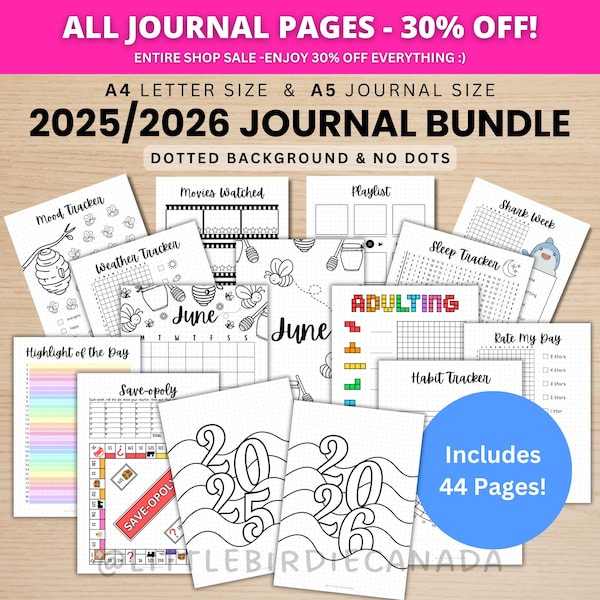 LOT DE JOURNAL 2025/2026 - Pages de journal imprimables - Pages d'agenda numérique - Formats A5 et A4 - Journal 2025 - Journal 2026 - Paquet économique