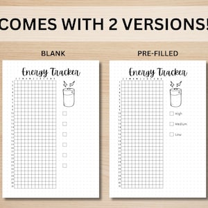 May include: Two printable energy tracker pages. The left page is blank and the right page has a pre-filled energy level scale with options for high, medium, and low energy levels.