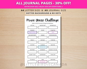 Movie Genre Challenge - PRINTABLE Journal Page - Planner Page - Movie Challenge - Movie Game - Movie Genre Game - Movie Journal - Movie Log