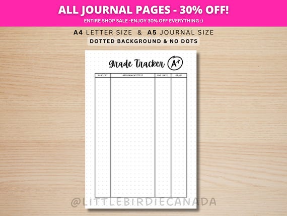 Grade Tracker - PRINTABLE Journal Page - Student Journal - Student Planner Page - Student Agenda - Assignment Tracker - Track Grade