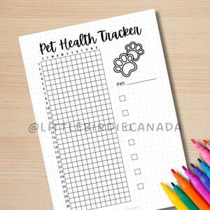 May include: A printable pet health tracker with a grid for recording daily health information. The tracker has a paw print design and the text "Pet Health Tracker" at the top.