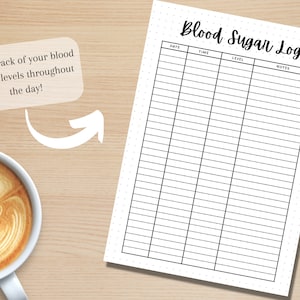 May include: A printable blood sugar log with columns for date, time, level, and notes. The log is designed to help people track their blood sugar levels throughout the day.