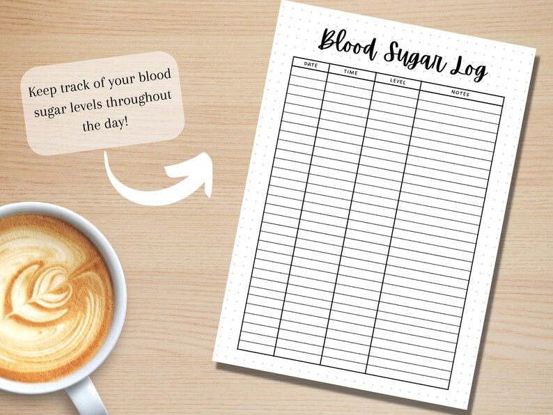 May include: A printable blood sugar log with columns for date, time, level, and notes. The log is designed to help people track their blood sugar levels throughout the day.
