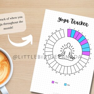 May include: A black and white yoga tracker with a circle divided into 31 sections. Each section is numbered from 1 to 31. The circle is surrounded by a ring with the words "Yoga Tracker" at the top. The ring is divided into 31 sections, each with a number from 1 to 31. The circle is filled with a pink and blue pattern. The words "Yes" and "No" are written below the circle, with a pink square next to "Yes" and a blue square next to "No".