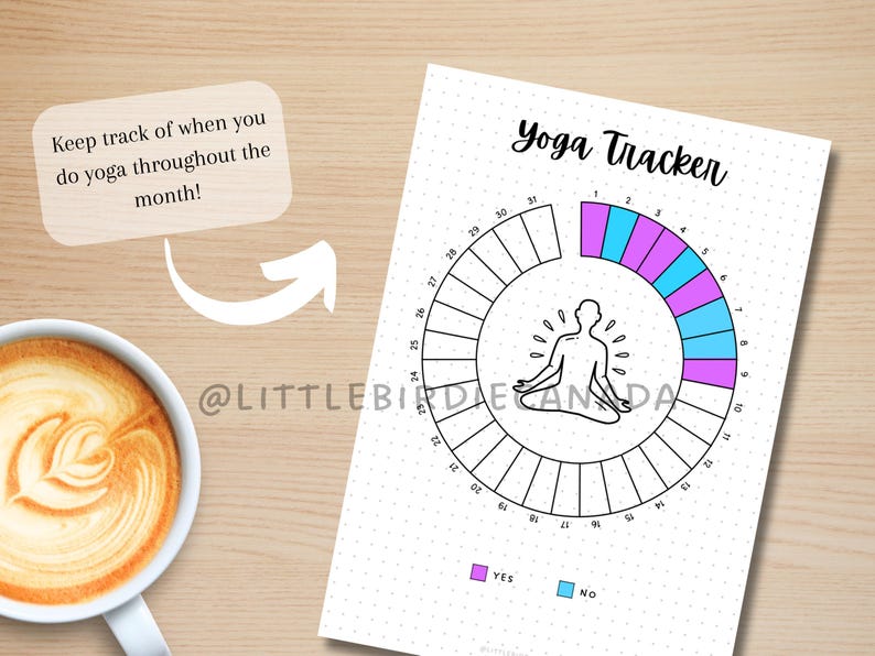 May include: A black and white yoga tracker with a circle divided into 31 sections. Each section is numbered from 1 to 31. The circle is surrounded by a ring with the words "Yoga Tracker" at the top. The ring is divided into 31 sections, each with a number from 1 to 31. The circle is filled with a pink and blue pattern. The words "Yes" and "No" are written below the circle, with a pink square next to "Yes" and a blue square next to "No".