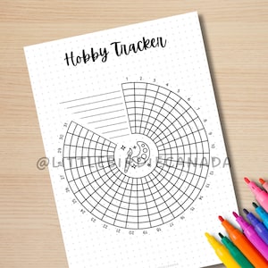 May include: A printable hobby tracker with a circular grid divided into 31 sections. The grid is labeled with numbers 1 through 31. The center of the circle features a paintbrush, a palette, and a crescent moon. The text "Hobby Tracker" is at the top of the page.