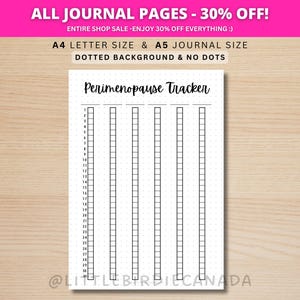 May include: A white journal page with the text "Perimenopause Tracker" and a series of vertical columns for tracking. The top banner reads "ALL JOURNAL PAGES - 30% OFF!" and "A4 LETTER SIZE & A5 JOURNAL SIZE". The page has a dotted background.