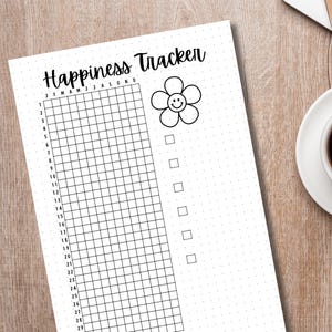 May include: A black and white printable happiness tracker with a grid and a smiley face flower. The tracker has a column for each month of the year and rows for each day of the month. There are checkboxes on the right side of the page.