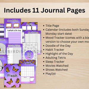 May include: A set of 11 printable journal pages with a purple and white galaxy background and butterfly accents. The pages include a title page, calendar, mood tracker, doodle of the day, habit tracker, highlight of the day, adulting Tetris, sleep tracker, movies watched, shows watched, and playlist.