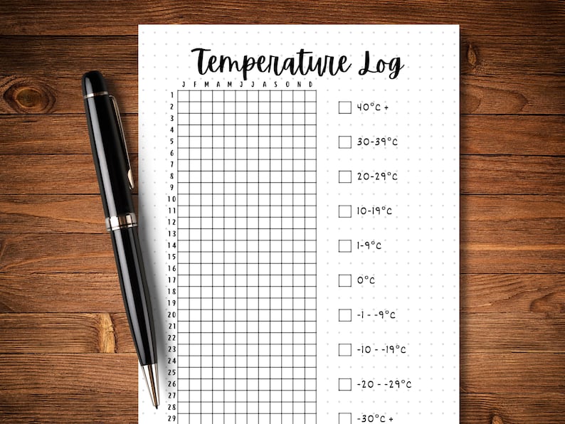 May include: A black and white printable temperature log with a grid for recording daily temperatures. The log includes a temperature scale from 40 degrees Celsius and above to 30 degrees Celsius and below.