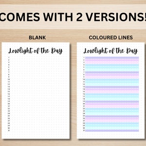 May include: Two versions of a printable "Lowlight of the Day" checklist. The first version is blank, while the second version has colored lines.