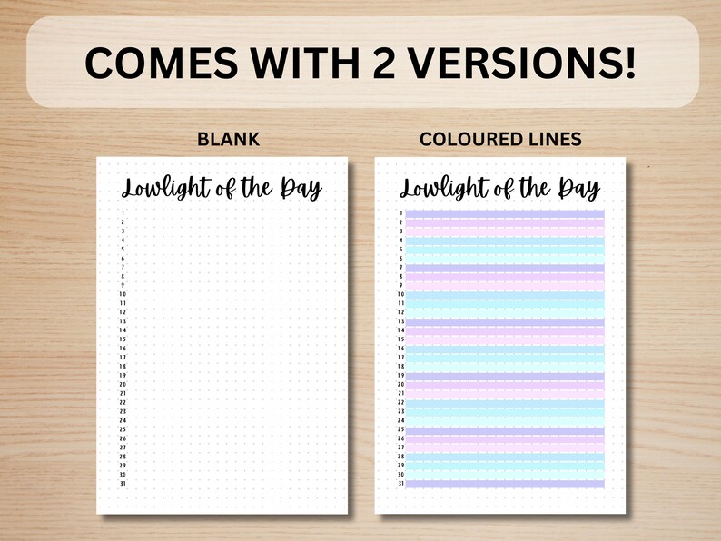 May include: Two versions of a printable "Lowlight of the Day" checklist. The first version is blank, while the second version has colored lines.