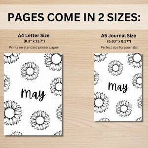 May include: Two printable pages with a sunflower pattern and the word "May" in black text. The pages are available in two sizes: 8.3 inches by 11.7 inches and 5.83 inches by 8.27 inches.