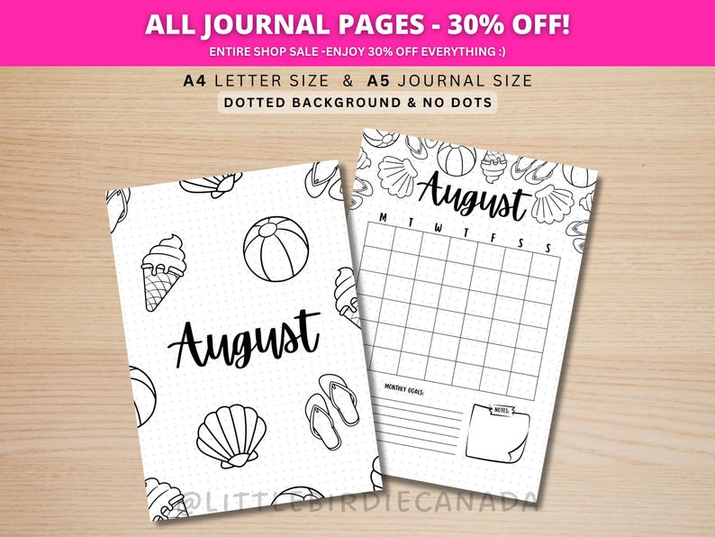 August Title Page - Beach - August Calendar - PRINTABLE Calendar - Journal Title Page and Calendar Set - Journal Cover Page image 1