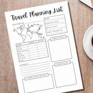 K&ouml;nnte beinhalten: Eine druckbare Reiseplanungsliste mit Abschnitten f&uuml;r Reiseziel, Daten, Kosten, Sehensw&uuml;rdigkeiten, Restaurants, Adressen und Dinge, die f&uuml;r die Reise gekauft werden sollen. Die Liste enth&auml;lt eine Weltkarte und eine Tabelle f&uuml;r die Budgetierung.