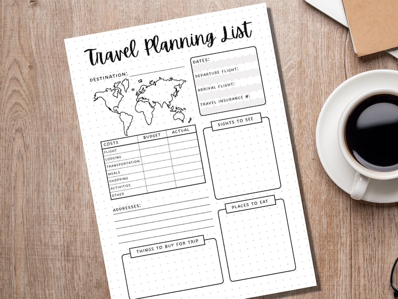 K&ouml;nnte beinhalten: Eine druckbare Reiseplanungsliste mit Abschnitten f&uuml;r Reiseziel, Daten, Kosten, Sehensw&uuml;rdigkeiten, Restaurants, Adressen und Dinge, die f&uuml;r die Reise gekauft werden sollen. Die Liste enth&auml;lt eine Weltkarte und eine Tabelle f&uuml;r die Budgetierung.