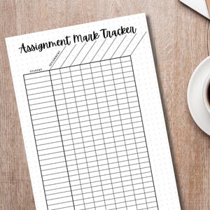 May include: A black and white printable assignment tracker with the text "Assignment Mark Tracker" at the top. The tracker has columns for "Student" and "Assignment" and rows for recording marks.
