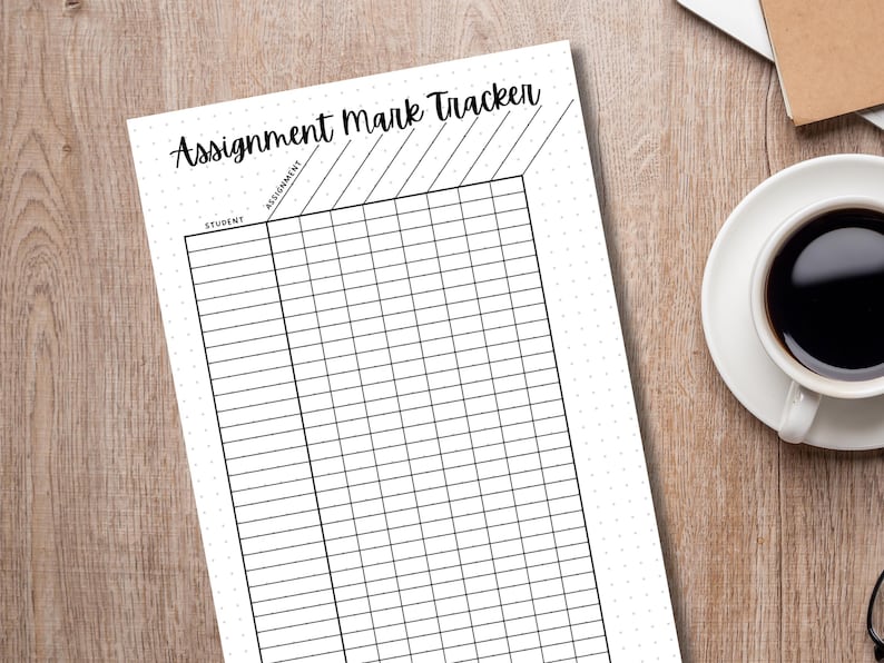 May include: A black and white printable assignment tracker with the text "Assignment Mark Tracker" at the top. The tracker has columns for "Student" and "Assignment" and rows for recording marks.