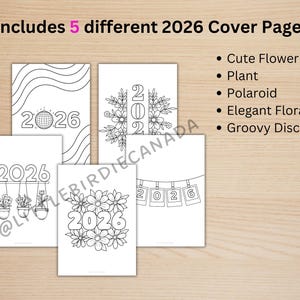 May include: Five different 2026 cover pages are displayed, each with a unique design. The designs include a disco ball, flowers, plants, polaroid photos, and groovy disco themes. The text "Includes 5 different 2026 Cover Pages!" is at the top.