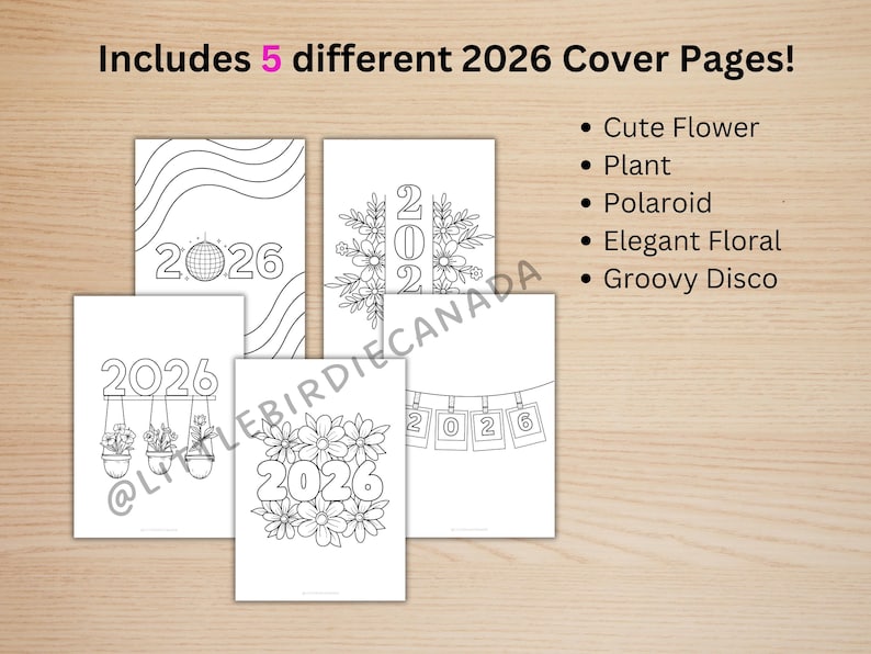 May include: Five different 2026 cover pages are displayed, each with a unique design. The designs include a disco ball, flowers, plants, polaroid photos, and groovy disco themes. The text "Includes 5 different 2026 Cover Pages!" is at the top.