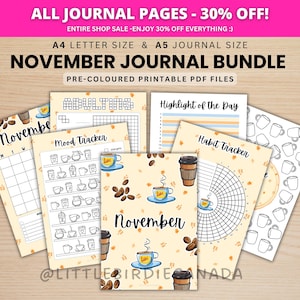 Diario de noviembre - Café - Páginas imprimibles - Páginas precoloreadas - Planificador de noviembre - Agenda de noviembre - Planificador imprimible