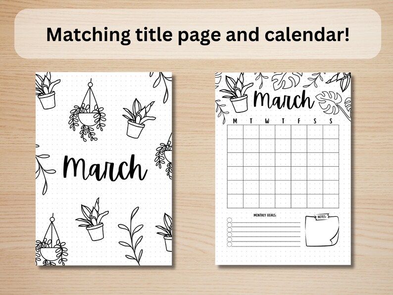 May include: Printable black and white calendar page with a title page featuring the word "March" and a pattern of potted plants and hanging plants. The calendar page has a grid for each day of the month, a section for monthly goals, and a notes section.