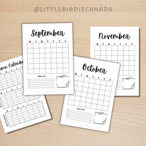 K&ouml;nnte beinhalten: Eine Sammlung wei&szlig;er Papierkalender f&uuml;r September, Oktober und November mit gepunktetem Rasterhintergrund. Jeder Kalender hat einen Monatstitel, ein Raster f&uuml;r Daten und Platz f&uuml;r Notizen und Ziele. Die Worte "Herbstkalender" sind ebenfalls sichtbar.