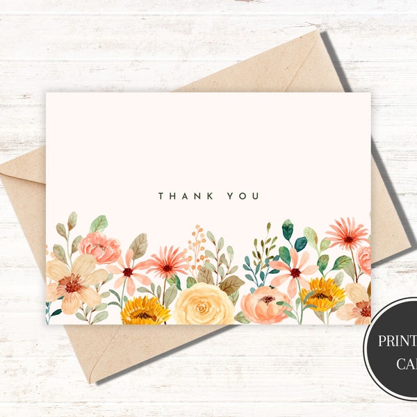 Printable Thank You Card Floral Thank You Card Flower Thank You Card Print at Home Thanks Card Thank You Card For Her Digital Download