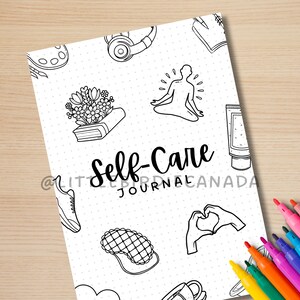 May include: Black and white printable self-care journal cover with illustrations of a book, flowers, headphones, a person meditating, a sleep mask, a hand making a heart shape, and a bottle of lotion. The text "Self-Care Journal" is written in black.