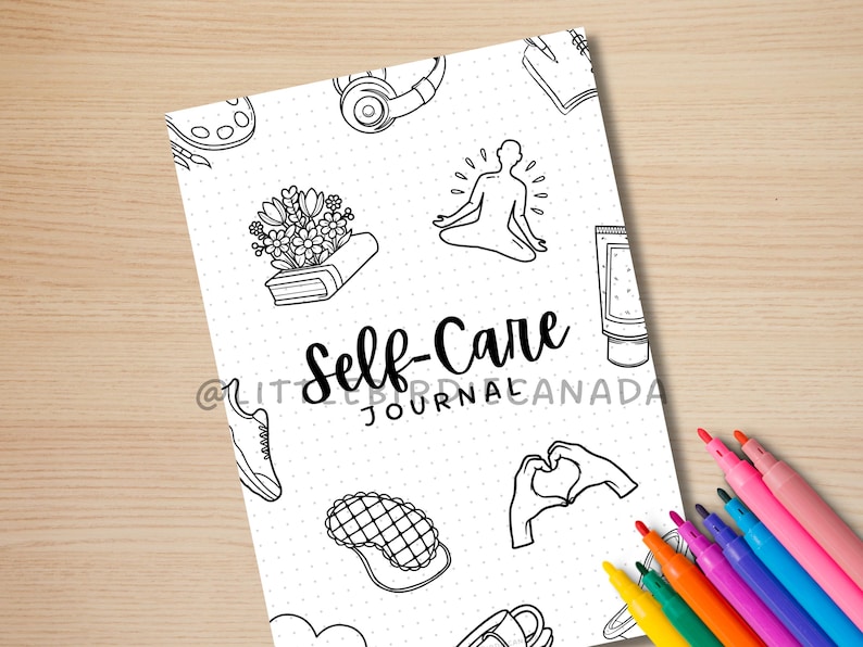 May include: Black and white printable self-care journal cover with illustrations of a book, flowers, headphones, a person meditating, a sleep mask, a hand making a heart shape, and a bottle of lotion. The text "Self-Care Journal" is written in black.