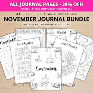 November Journal Bundle - Coffee Theme - PRINTABLE Journal Pages - BLACK & WHITE - November Planner - November Agenda - Printable Planner