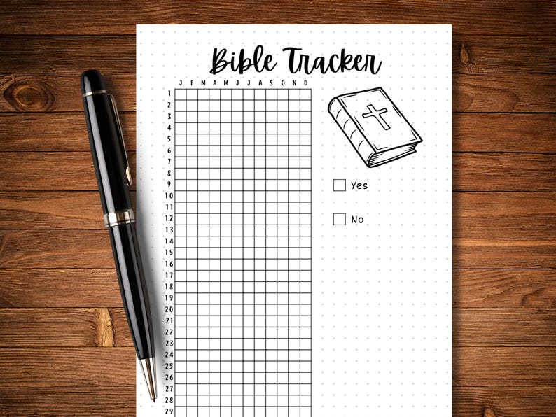May include: A black and white printable Bible tracker with a grid for each month of the year. The tracker includes a check box for "Yes" and "No" to mark if you read the Bible each day.