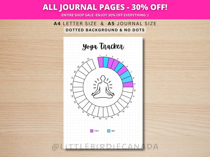 Yoga Tracker Monthly - PRINTABLE Journal Page - Fitness Tracker - Health Tracker - Track Yoga - Meditation Tracker - Fitness Journal image 1