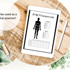 K&ouml;nnte beinhalten: Eine digitale Planervorlage auf einem Tablet mit einer schwarzen Silhouette einer Person und einem Raster zur Verfolgung von K&ouml;rperma&szlig;en. Die Vorlage enth&auml;lt Abschnitte f&uuml;r "Vorher" und "Nachher" Messungen, mit Kategorien f&uuml;r Brust, Taille, H&uuml;fte, Arm, Oberschenkel und Wade.