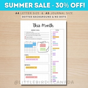 Planejador mensal - Calendário mensal - Página de diário para impressão - Página do planejador - Resumo do mês - Página de diário mensal - Lista de tarefas mensais