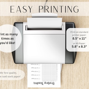 May include: A black and white printable reading tracker with a grid and checkboxes. The text "Reading Tracker" is written at the bottom of the page. The text "Print as many times as you'd like!" is written in a white circle. The text "For the best quality, print on card stock paper!" is written in a white circle. The text "Print on standard printer paper: 8.5" x 11" or A5 Paper: 5.8" x 8.3" is written in a white rectangle.
