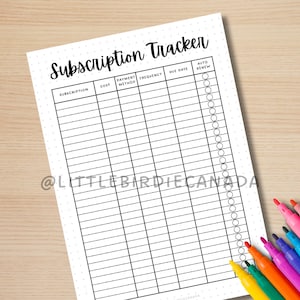 May include: A printable subscription tracker with columns for subscription name, cost, payment method, frequency, due date, and auto renew. The tracker has a dotted background and a black and white design.