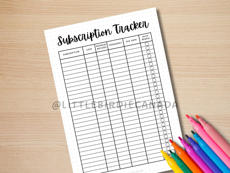 May include: A printable subscription tracker with columns for subscription name, cost, payment method, frequency, due date, and auto renew. The tracker has a dotted background and a black and white design.