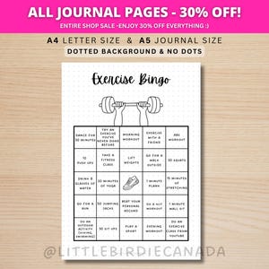 Exercise Bingo Game - PRINTABLE Journal Page - Workout Tracker - Fitness Tracker - Exercise Tracker - Fitness Journal - Fitness Bingo Game