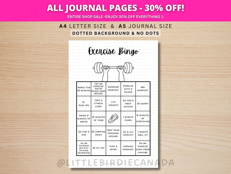 Exercise Bingo Game - PRINTABLE Journal Page - Workout Tracker - Fitness Tracker - Exercise Tracker - Fitness Journal - Fitness Bingo Game image 1