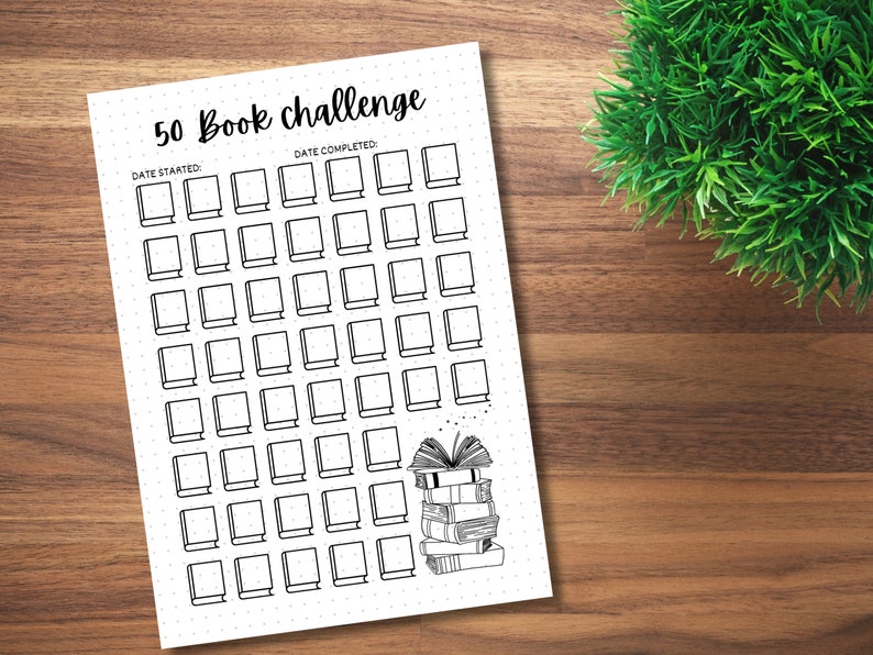 May include: A printable 50 book challenge tracker with a black and white illustration of a stack of books. The tracker has spaces to write in the date started and date completed.