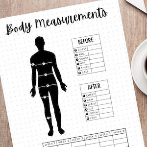 K&ouml;nnte beinhalten: Ein druckbarer K&ouml;rperma&szlig;-Tracker mit einer Silhouette einer Person und einer Tabelle, um Messungen vor und nach einer Trainingsroutine aufzuzeichnen. Die Tabelle enth&auml;lt Spalten f&uuml;r Brust-, Arm-, Taillen-, H&uuml;ft-, Oberschenkel- und Wadenmessungen. Die Tabelle enth&auml;lt auch Spalten f&uuml;r jede Woche eines sechsw&ouml;chigen Programms.