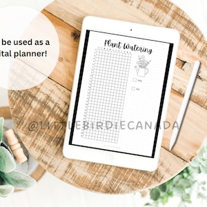 May include: A white tablet displays a digital plant watering planner with a grid, checkboxes, and a watering can graphic. Text reads "Plant Watering" and "Can be used as a digital planner!" The tablet rests on a wooden surface with a pen and greenery.